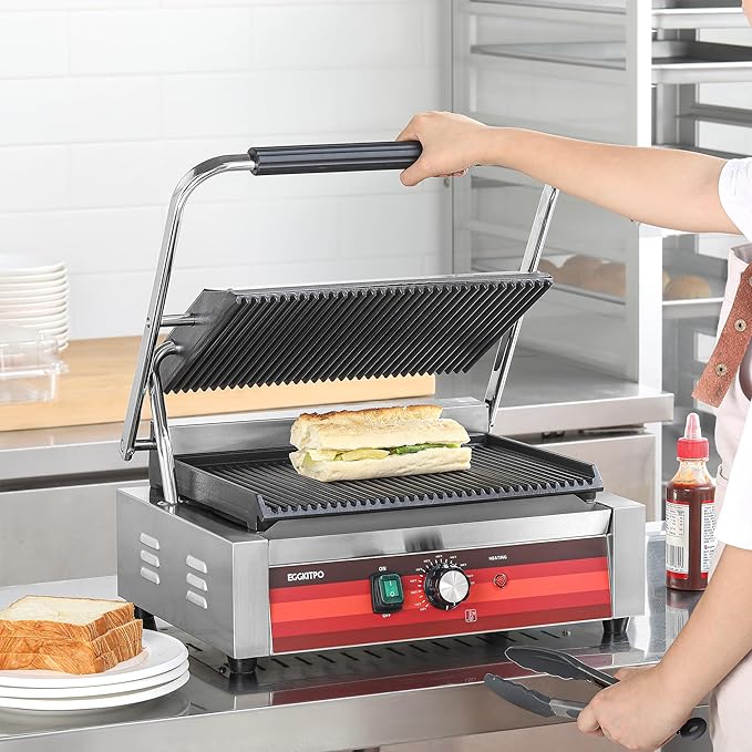Commercial Panini Press Grill with Grooved Plates Electric Sandwich Maker with Adjustable Temp Control 110V 1700W 14"×9.5" Ribbed Enamel Plates for Breakfast and Hamburger in Home Kitchen