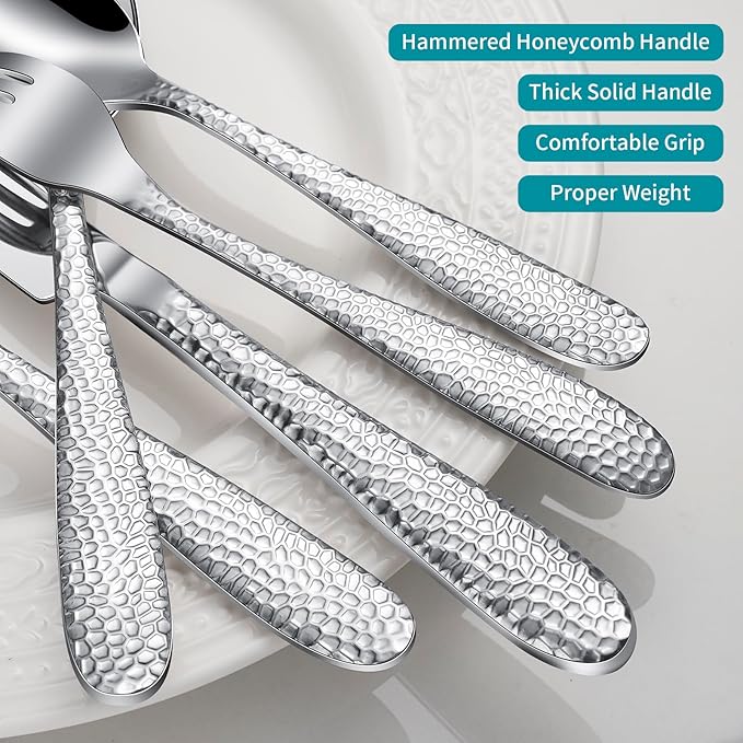 Hammered Silverware Set, 20-Piece Heavy Duty Stainless Steel Flatware Sets for 4, Food-Grade Cutlery Set for Home Restaurant, Mirror Polished, Dishwasher Safe