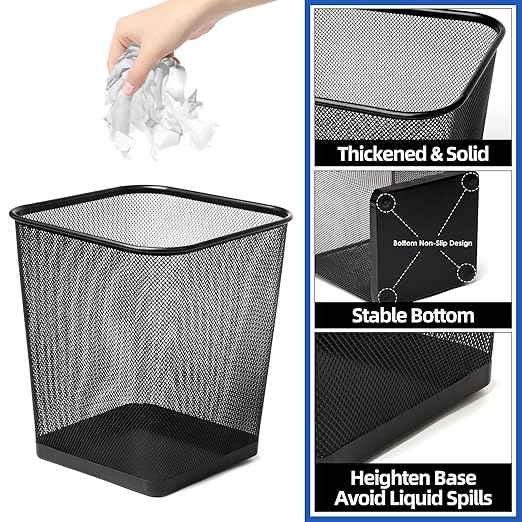 10-Pack Black Square Metal Trash Cans 6 Gallon,Mesh Office Trash Cans, Metal Wire Wastebaskets, Waste Basket Trash Can, Small Trash Can, Garbage Bin for Office, Home,School