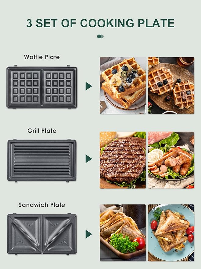 Reemix 3-in-1 Waffle, Grill & Sandwich Maker, Panini Press Grill and Waffle Iron Set with Removable Non-Stick Plates, Perfect for Cooking Grilled Cheese, Tuna Melts, Burgers, Steaks and Snacks, Black (3 in1 Sandwich Maker All Stainless Steel)