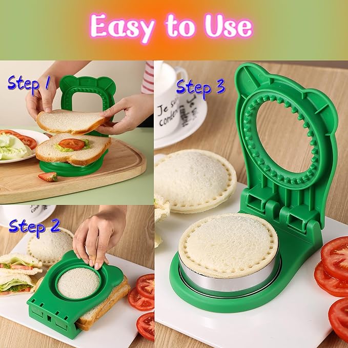Sandwich Cutter and Sealer, Decruster Sandwich Maker for kids lunch Uncrustable Sandwich Maker，Easy for School Lunchbox and Bento Box Green