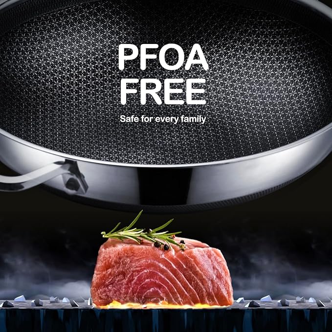 Wok pan,Hybrid 13 inch Wok with Lid, PFOA Free Cookware,non stick Stainless Steel Woks & Stir-fry pans Nonstick, Dishwasher and Oven Safe, Works on Induction