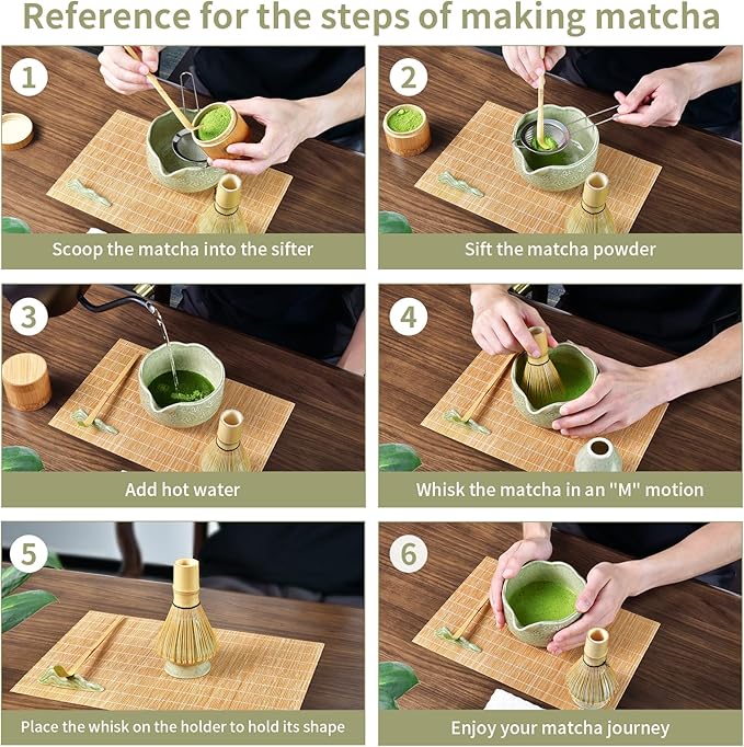 Matcha Whisk Set - Complete 8-Piece Japanese Tea Making Kit With Ceramic Bowl (Chawan), Bamboo Whisk (Chasen), Sifter, Scoop, Holder & Guide - Ideal Gift For Tea Enthusiasts (Mottled Green)