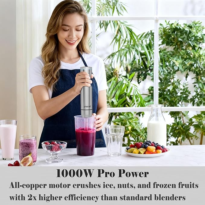 Hand Blender 11-Speed, 1000W Immersion Blender with Anti-Splash Design, Stainless Steel Blade for Blending Soup, Smoothies, Baby Food, Mayonnaise