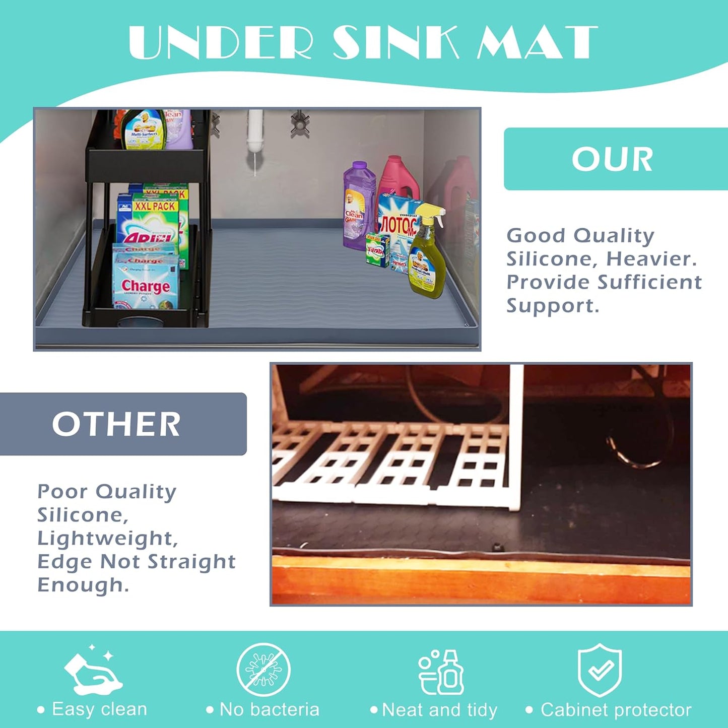 URMONA Waterproof Silicone Under Sink Mat 40'' x 22'' Shelf Liner for Kitchen and Bathroom, Cabinet and Counter Protector, Storage and Organizers, Litter Mat, Pet Cat Puppy Essentials(Dark Grey)