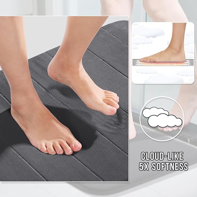 Yimobra Memory Foam Bath Mat, Super Soft Absorbent Bathroom Rug Non Slip 24x17 Inch, Quick Dry, Machine Washable Floor Carpet for Tub Shower, Home Decor Accessories, Dark Gray