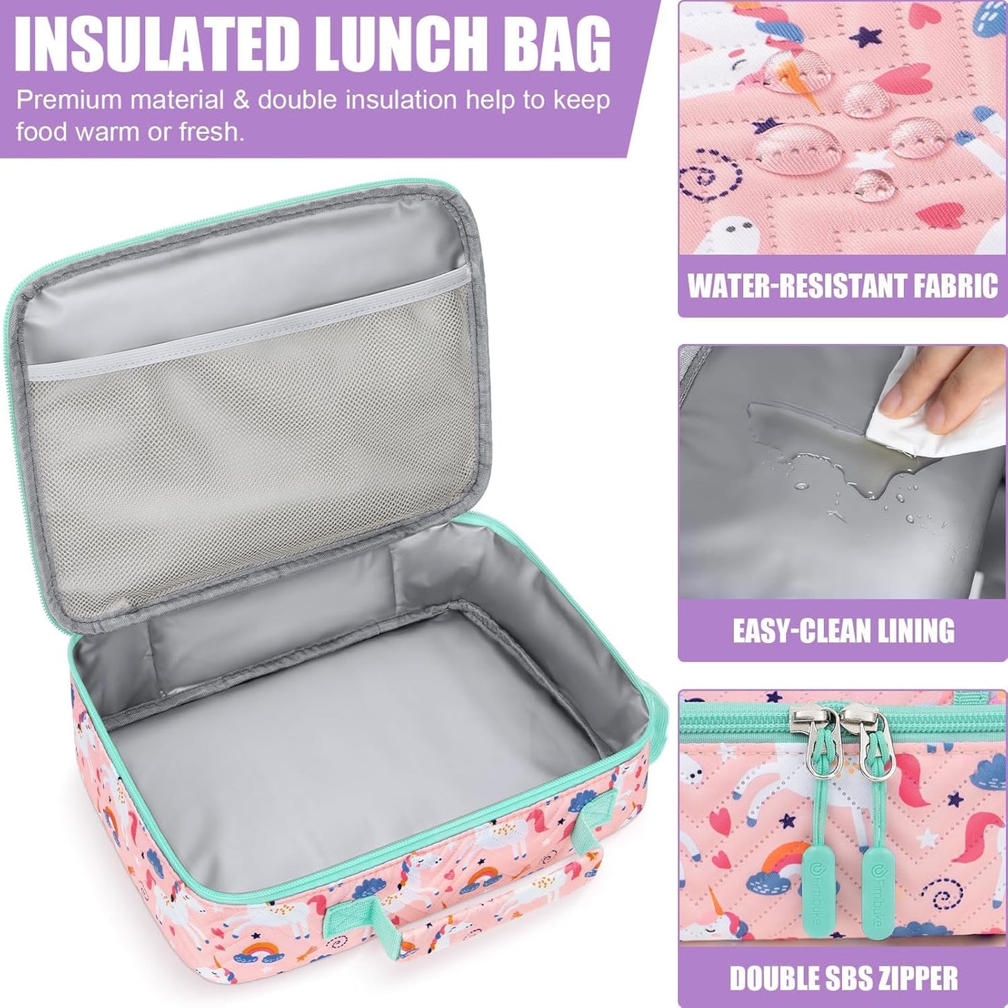 Fimibuke Kids Bento Snack Lunch Box with 4 Compartments, Insulated lunch Bag, Stainless Steel Thermos Food Jar, Ice Pack & Utensils, Unicorn Birthday Gift for Age 3-12 Back to School Toddler Girl Boy
