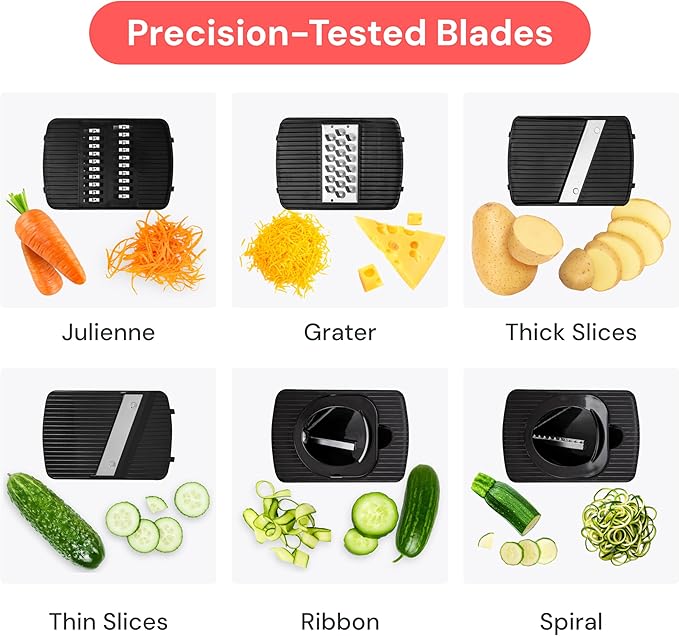Fullstar Mandoline Slicer for Kitchen, Fruit Cutter, Cheese Grater, Cucumber Slicer, Veggie Spiralizer, Food Cutter & Kitchen Gadgets with Safety Glove (6 in 1, White)