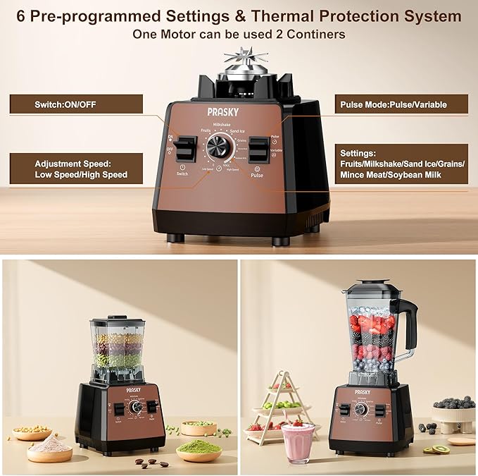 Blender for Smoothies,PRASKY 1000W Blenders for Kitchen,25,000 RPM Powerful Blender 68oz BPA-Free Juicer and Grinder with To-Go Gym Bottle,Countertop Blenders for Ice Crushing,Shakes,Fruits (Brown)