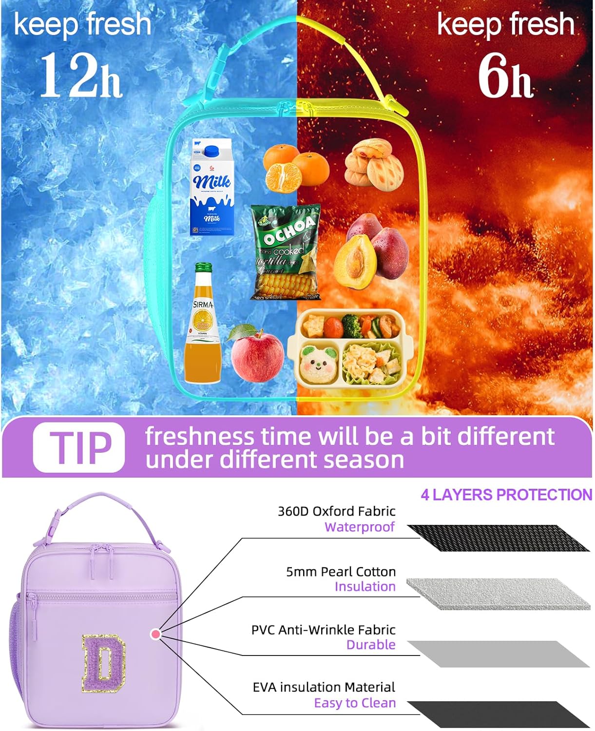 Initial Insulated Lunch Bag for Girls Kids, Back to School Gift, Reusable Leak-proof Lunch Box with Adjustable Strap for School Daycare Travel Picnic (Purple,D)