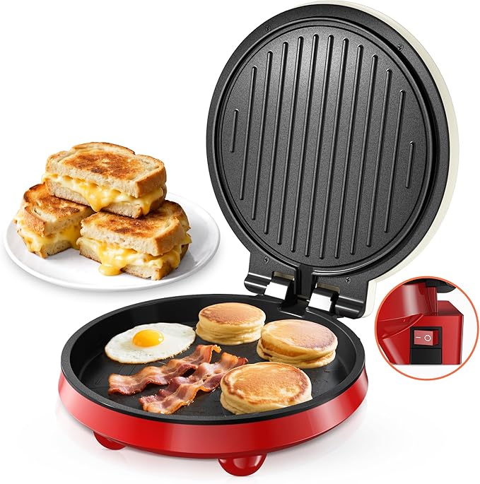 Small Electric Pancake Griddle - CACHOO 8'' Round Electric Griddle Nonstick with On/Off Switch, 180° Open Indoor Grill/Press Maker for Paninis, Quesadillas, Burgers, Omelettes, Thin Pizzas