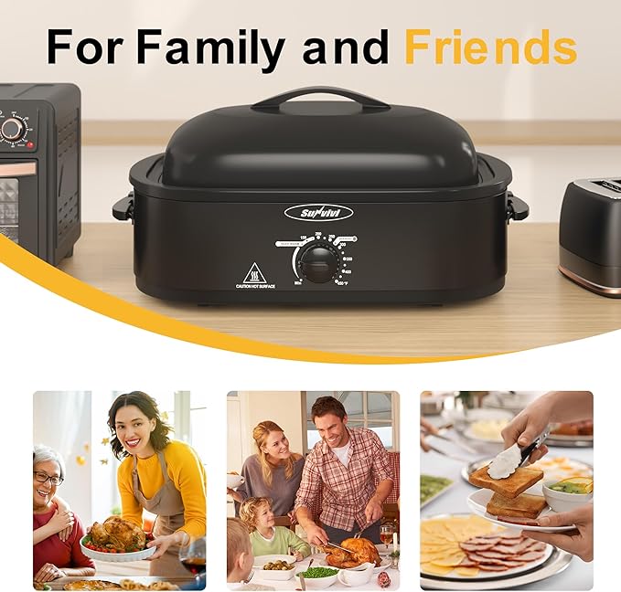 14-Quart Electric Roaster Oven with Self-Basting Lid, Turkey Roaster Oven with Removable Pan and Rack, Stainless Steel, Black, 14 QT