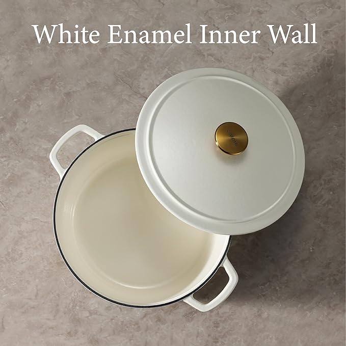 CAROTE Cast Iron Dutch Oven Pot with Lid, Enameled Dutch Oven for Sourdough Bread Baking, Dual Handles, Heavy-Duty Cast Iron Pot, 5QT, White