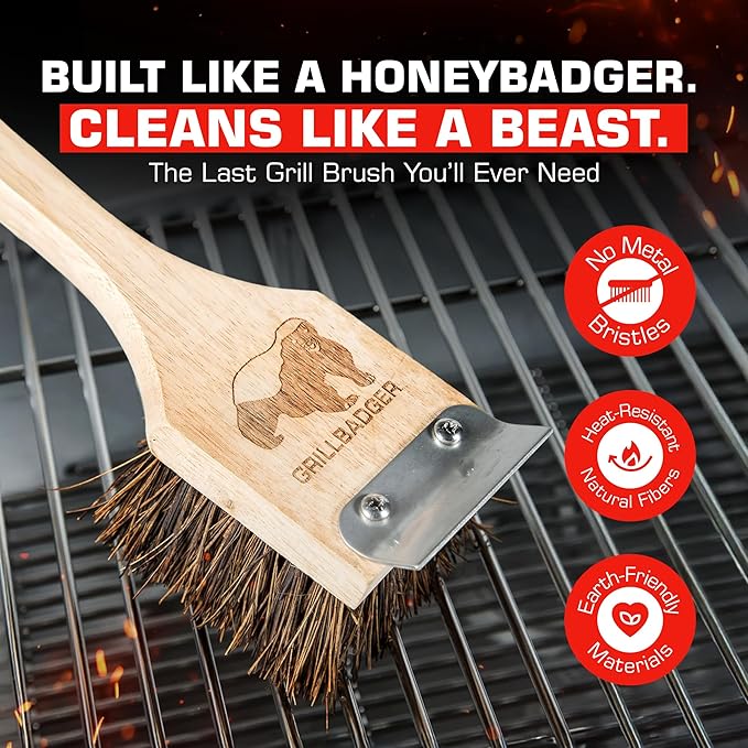 The Original Non Metal Grill Brush for Outdoor Gril | High Temp Heat Resistant BBQ Cleaning Brush | Long Lasting Wooden BBQ Cleaner with Scraper, Safe for Cast Iron Grates - Natural Wood
