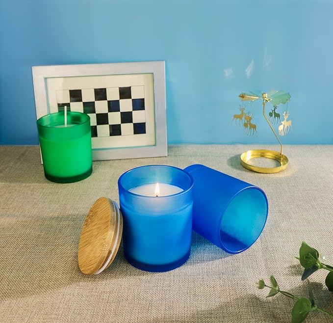 12 Pack Candle Jars for Making Candles, 10 OZ Empty Candle Jars with Bamboo Lids, Bulk Candle Containers Candle Glass - Dishwasher Safe, Frosted Blue