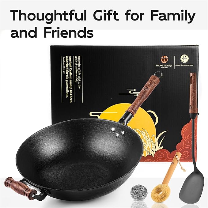 WANGYUANJI 13.4" Chemical-Free Iron Wok with Lid and Iron Spatula, Flat Bottom Stir Fry Pan for All Stovetops