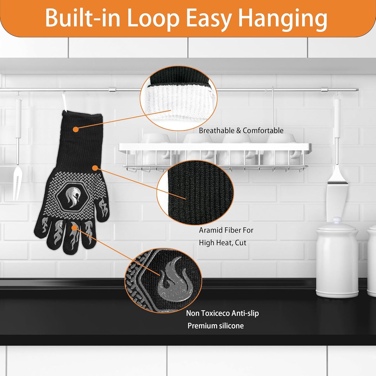 BBQ Fireproof Gloves, Grill Cut-Resistant Gloves 1472°F Heat Resistant Gloves, Non-Slip Silicone Oven Gloves, Kitchen Safe Cooking Gloves for Oven Mitts,Barbecue,Cooking, Frying,13.5 Inch-Grey