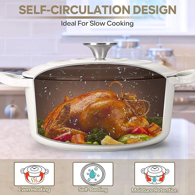 Herogo 3QT Enameled Cast Iron Dutch Oven with Lid, Heavy Duty Round Dutch Oven Pot with Dual Handles for Bread Baking Stewing Roasting, Safe for Various Stovetops, Nonstick & Easy Cleanup - White
