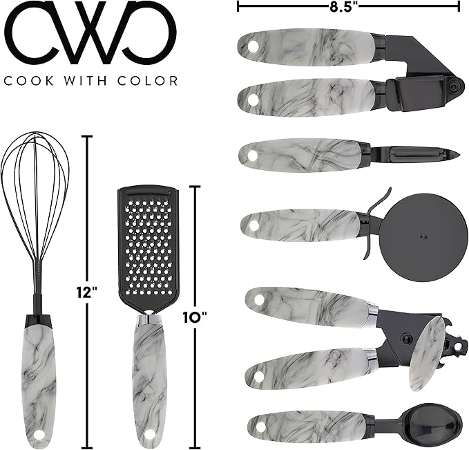 COOK WITH COLOR Kitchen Gadget Set Copper Plated Stainless Steel Utensils with Soft Touch Handles, Marble White, 7 Pieces