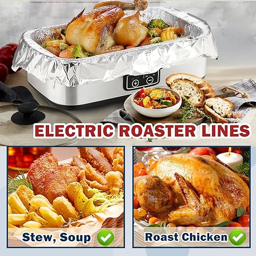 6 Foil Electric Roaster Liners, Disposable, Roaster Liners Fits 16, 18, and 20 Quart Electric Griddles, Ideal for Roasting Meats and Poultry, Food Grade Aluminum Foil, Instant Clean Up