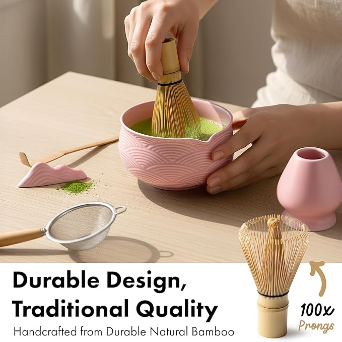 Matcha Kit Whisk Set (7 Pcs) - Complete Matcha Set, Matcha Bowl with Spout, Whisk with Holder, Bamboo Scoop with Rest and Sifter, Perfect Kit for Matcha Lovers (Sakura Pink)