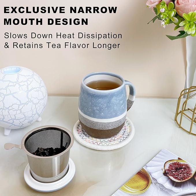 13.5 OZ Reactive Glaze Tea Cup with Infuser and Lid, Porcelain Tea Infuser Mug, Single Brewing Teacups for Loose Leaf, Microwave & Dishwasher Safe, Pale Blue