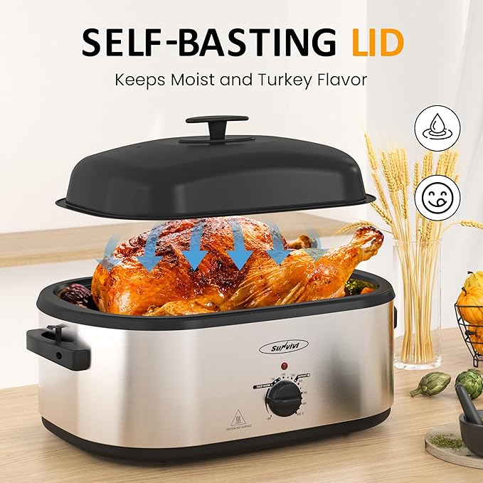 Sunvivi Electric Roaster Oven, 24 QT Turkey Roaster Oven with 3 Bin Buffet Server, 150-450F Full-Range Temperature Control, Removable Pan & Rack, Stainless Steel, Silver