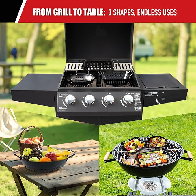 Small Non-Stick 3 Piece Grill Basket Set – BBQ Grilling Basket for Vegetables, Seafood & Meat – Heavy Duty Perforated Grill Pan for Charcoal, Gas and Outdoor Grills, Easy to Clean Grilling Accessories
