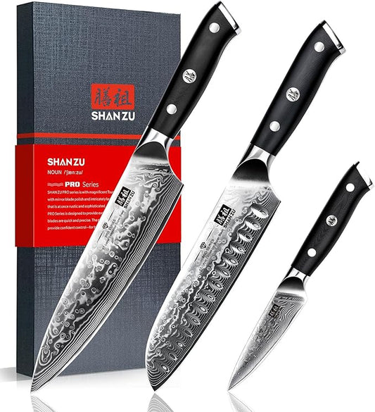 SHAN ZU Damascus Knife Set, Japanese Super Steel 3 PCS Damascus High Carbon Professional Ultra-Sharp Kitchen Chef Knife Set with G10 Handle Gift Box