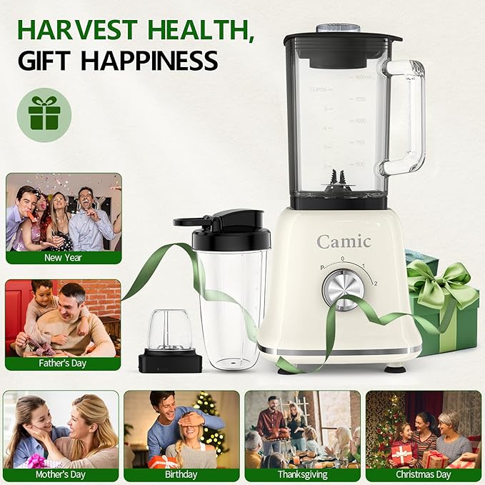 Camic 750W Professional Blender,6-Cup Glass Jar Blender for Smoothies and Shakes with 6 Sharp Stainless Steel Blades,Ice Crush Function,for Juice,Puree, Soup(White)