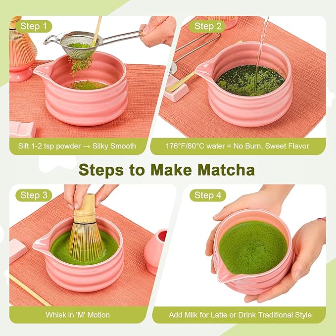 Matcha Whisk Set, 7Pcs Matcha Set - 18oz Matcha Bowl with Spout, Bamboo Matcha whisk & Ceramic Holder, Sifter/Scoop/Stand/Towel, Matcha Kit for Tea Lovers, Ideal Gift Set (Pink)