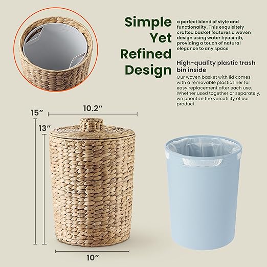 4 Gallons Wicker Waste Basket - Water Hyacinth Bathroom Garbage Can with a Lid - Bathroom Trash Can Boho Style - Wicker Trash Can with Lid for Household, Kitchen - Removable Liner, Iron Frame