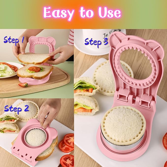 Sandwich Cutter and Sealer, Decruster Sandwich Maker for kids lunch Uncrustable Sandwich Maker，Easy for School Lunchbox and Bento Box (Pink)
