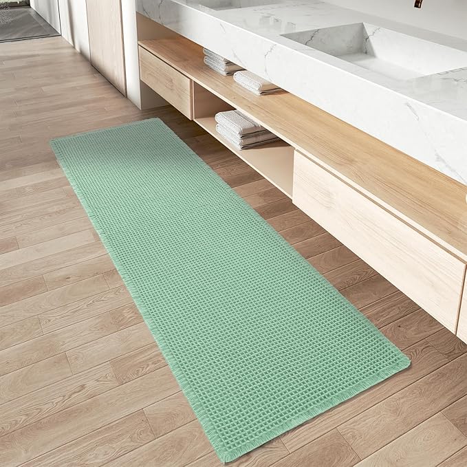 AMOAMI Upgraded Waffle Runner Rug Super Absorbent Non Slip Bath Mats for Bathroom Machine Washable Bathroom Runner Rug with Tassels, Ideal for Hallway Bedroom Laundry Room, 17" x 72", Sage