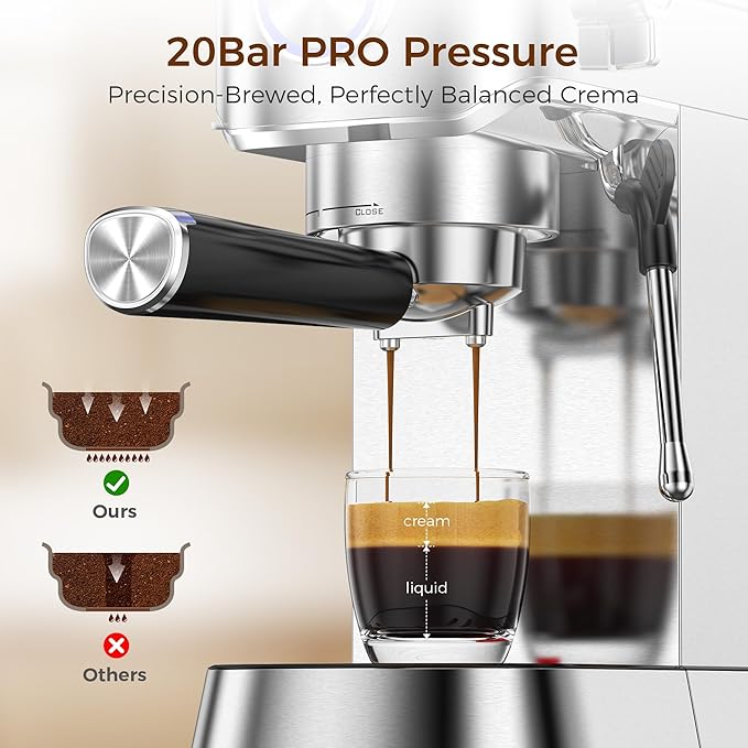 Kndko Espresso Machine, 20 Bar Espresso Maker with Milk Frother, Compact Stainless Steel Coffee Machine with 40.5oz Removable Water Tank for Cappuccino, Latte