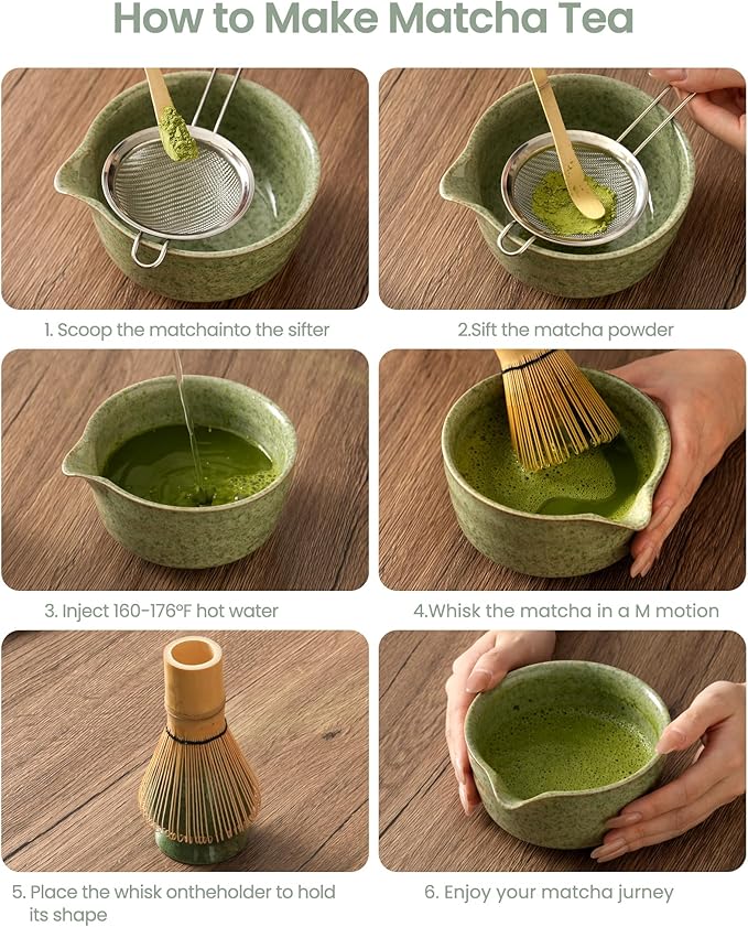 Matcha Whisk Set,7 Pcs Matcha Kit Includes 15oz Spouted Matcha Bowl,Bamboo Whisk,Scoop & Sifter for Matcha Lovers,Beginners,Birthday,Christmas(Matchat Green)