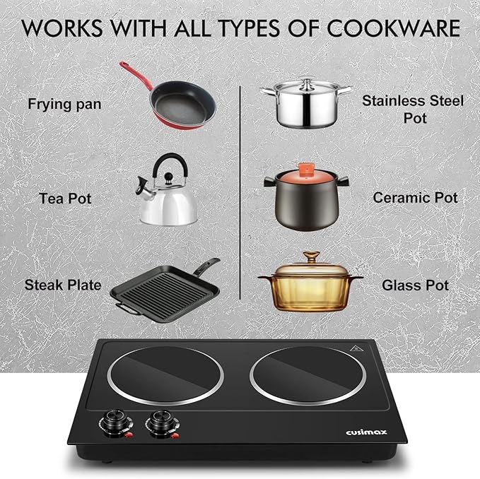 Double Burner, CUSIMAX Hot Plates for Cooking, 1800 Watts Electric Ceramic Infrared Cooktop, Portable Countertop Burner, Glass Plate, Heat-Up in Seconds, Stainless Steel Upgraded Version