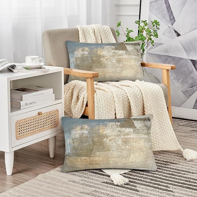 Grey and Beige Abstract Art Contemporary Pillow Cover, Modern Neutral Decorative Throw Pillows Cushion Cover for Bedroom Sofa Living Room 12 x 20 Inch Set of 2