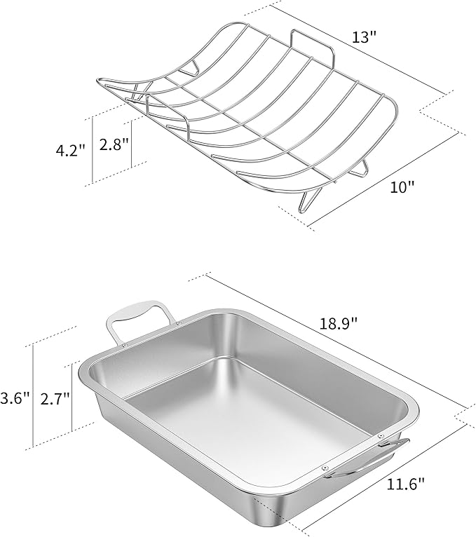 Skyflame Roasting Pan with Rack for Turkey, Stainless Steel Silver Rectangular Barbecue Bakeware Roaster Pan with Nonstick U-Rack for Indoor/Outdoor Oven Cooking
