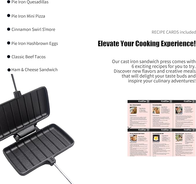 Double Pie Irons Cast Iron Sandwich Maker Pack of 2 for Camping with Storage Bag and Recipes, Camp Cooker Campfire Cooking Equipment for Pies, Sandwiches, Steak, Hot dogs