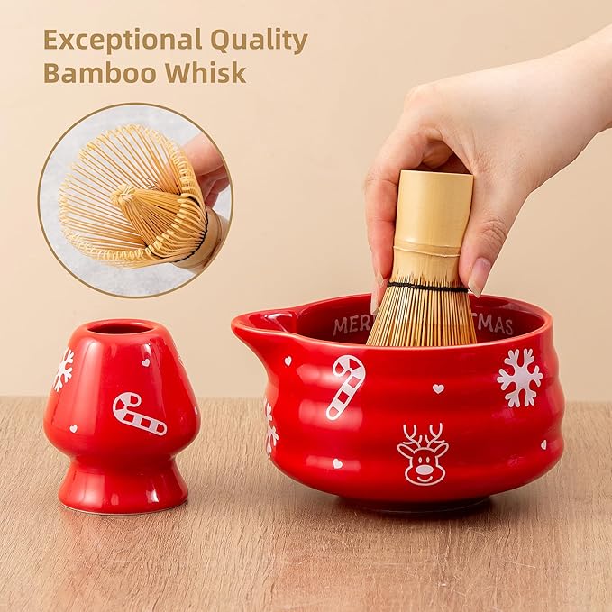 5pcs Premium Matcha Set,Ceramic Bowl with Spout and Bamboo Whisk set, Ceremonical Matcha Kit for breakfast/latte,Tea Starter Making Kit,Unique Matcha Gift set (Reindeer Red)