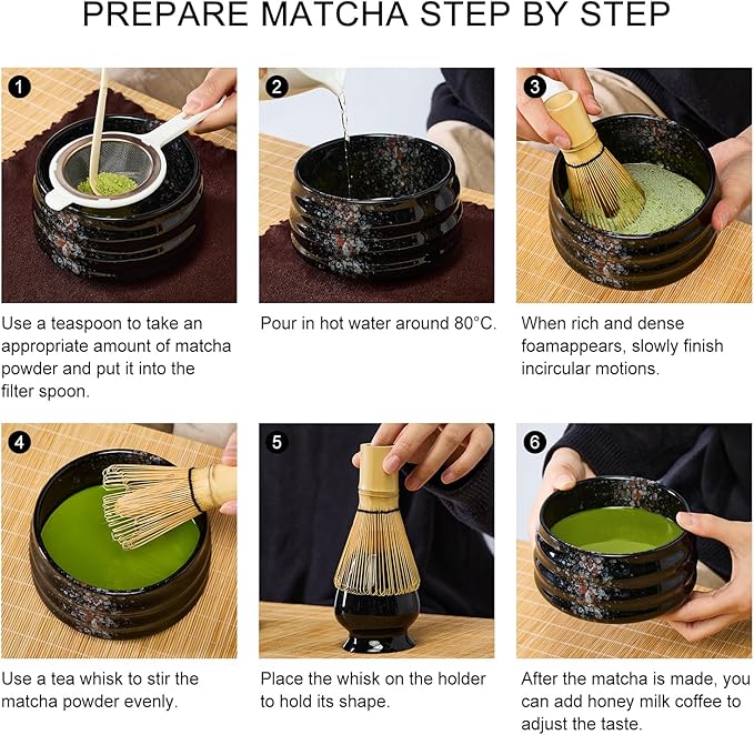 Sisher Matcha Tea Set,Matcha Making Kit (5pcs) Includes Matcha Bowl, Matcha Whisk and Holder, Bamboo Scoop, Scoop Rest and Sifter Matcha Bowl Set for Matcha Lovers (Black)