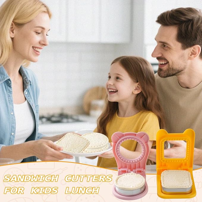 2 Pack Sandwich Cutters For Kids Lunch，Home DIY Round& Square Crustless Sandwich Cutter, 3.7 Inches Sandwich Sealer for Breakfast Lunch, Pink and Yellow
