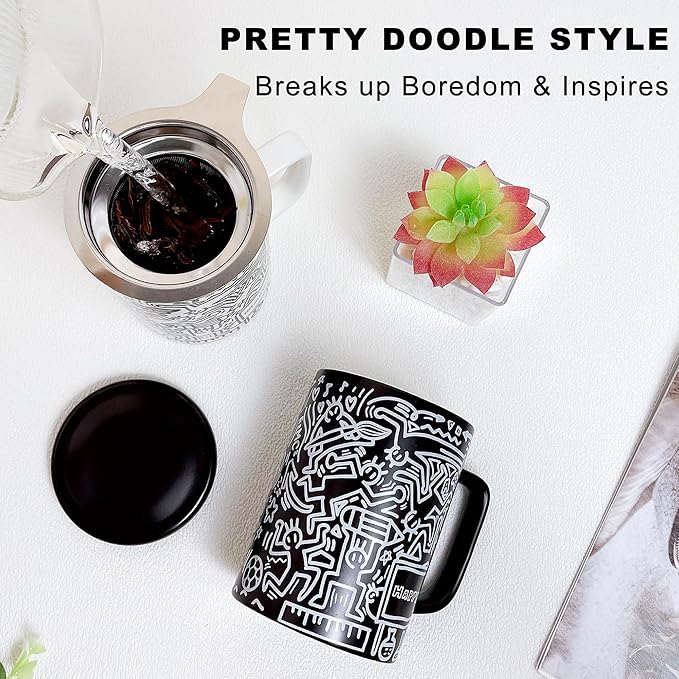 Loose Leaf Tea Cup, Doodle Style Tea Mugs with Infuser and Lid, 14oz Porcelain Steeper Cup, Brewing Teacup with Infuser and Lid, Microwave & Dishwasher Safe, Happy Black