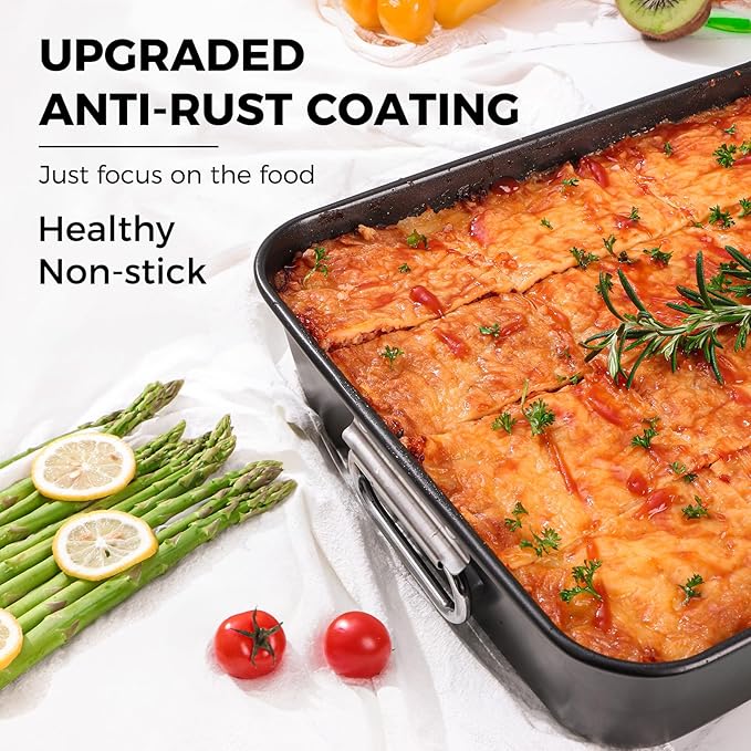 HONGBAKE Lasagna Pan 3 Inch Deep, 15x10" Baking Pan for Oven, Nonstick Cake Baking Dish for Brownie, Roasting Pans with Stainless Steel Handles, Heavy Duty, Dishwasher Safe, Dark Grey