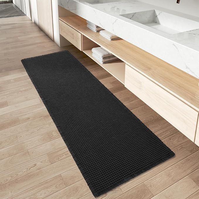 AMOAMI Upgraded Waffle Runner Rug Super Absorbent Non Slip Bath Mats for Bathroom Machine Washable Bathroom Runner Rug with Tassels, Ideal for Hallway Bedroom Laundry Room, 17" x 60", Black