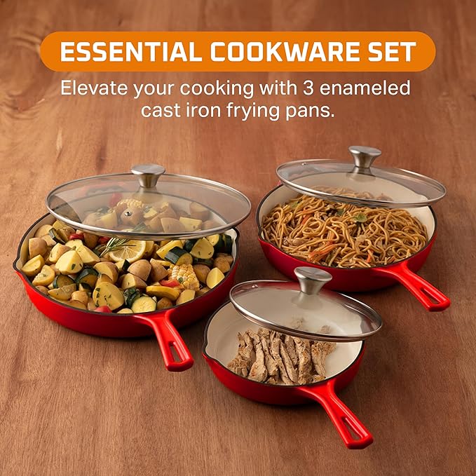 Bruntmor Enameled Cast Iron Skillet Set of 3-8, 10, and 12-Inch Non Stick Frying Pans with Tempered Glass Lids - Versatile Cast Iron Cookware Set for Casserole - Grill Pan for All Stovetops - Red