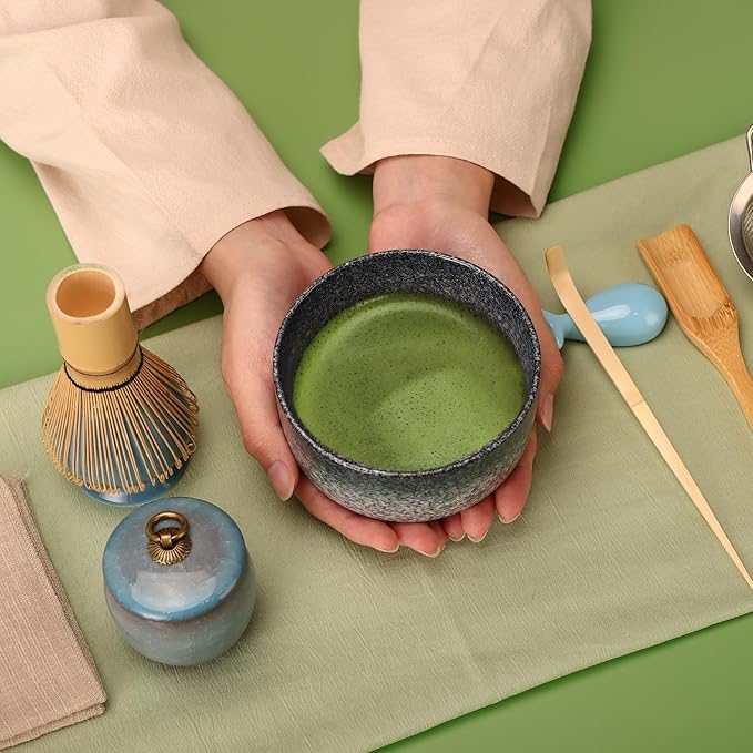Matcha Tea Set 9 Pcs, Japanese Traditional Bowl, Bamboo Whisk (Chasen), Scoop (Chashaku), Spoon, Stainless Steel Sifter, Holder, Ceramic Powder Caddy