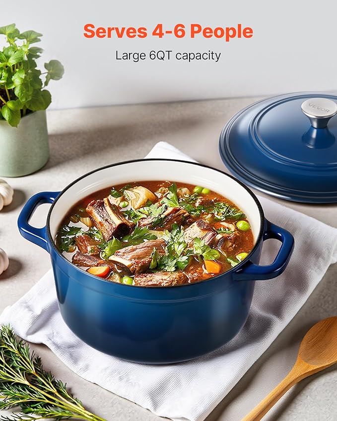 VEVOR Enameled Cast Iron Dutch Oven, 6 Quart Pot with Lid and Dual Handles, Heavy-Duty Durable Cookware Pan, Oven Induction Compatible up to 500℉, for Braising, Stews, Roasting, Bread Baking, Blue