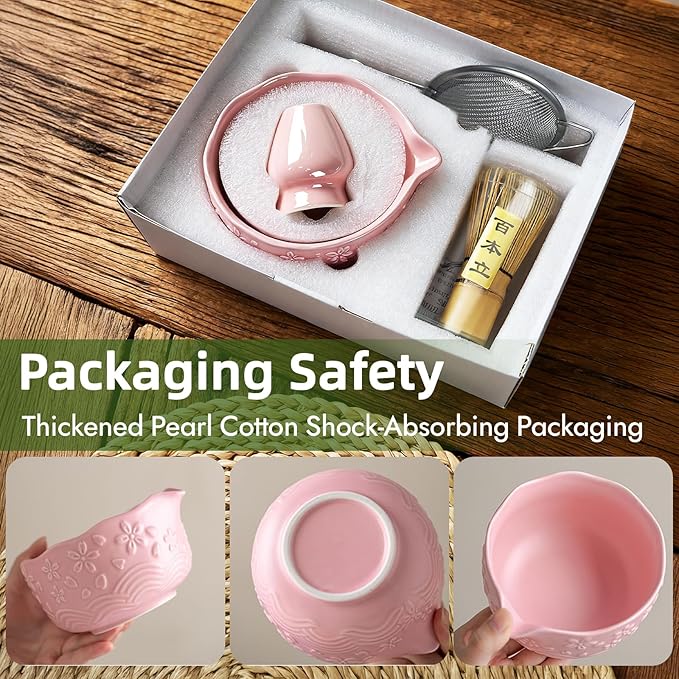 Matcha Whisk Set, Pink Matcha Set, Matcha Set Whisk and Bowl Made of Ceramic, Matcha Kit Includes Matcha Whisk, Matcha Whisk Holder, Bamboo Scoop, Powder Sifter - 7 Pcs Matcha Kit for Matcha Lovers
